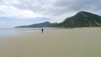 A lonely windswept beach under a cloudy sky - glorious except we were low on water and tired