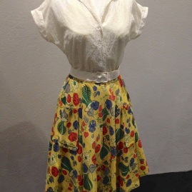 Widgey - Cotton voile & tulle petticoat, lemon nylon slip, yellow floral cotton [s]kirt, white cotton lace blouse & white vinyl belt