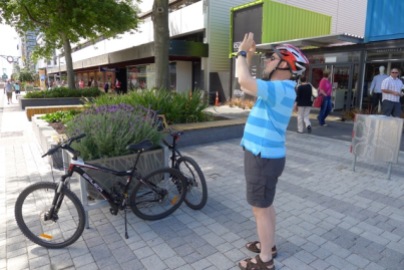 Exploring Christchurch's temporary mall on bike